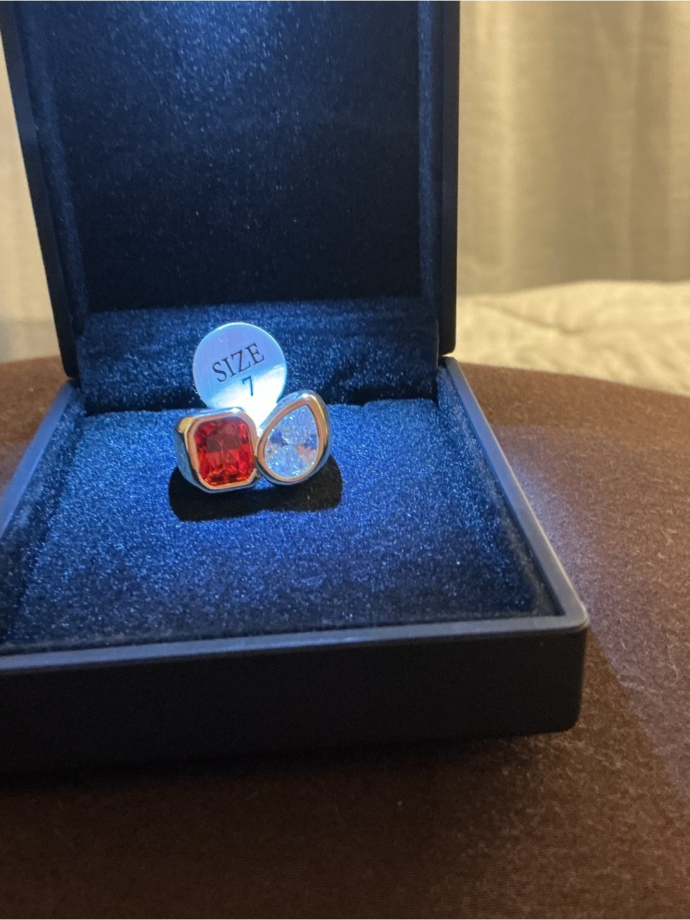 Elegant Two-Stone Gold tone Ring with Red and Clear Stones - Size 7